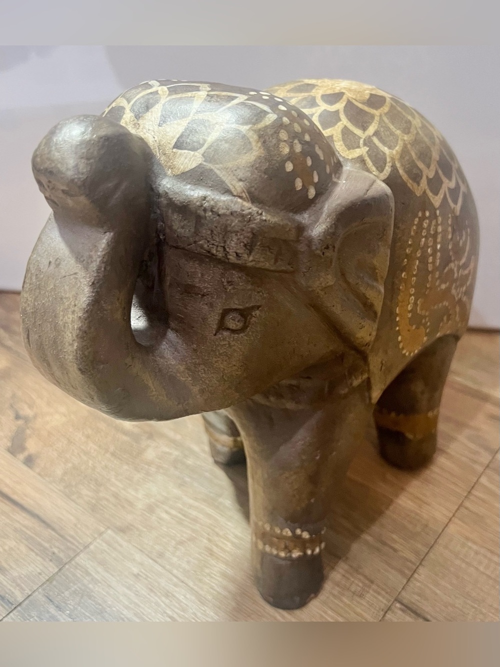 Boho Decorative Brown & Gold Elephant Figurine - Handpainted Home Art